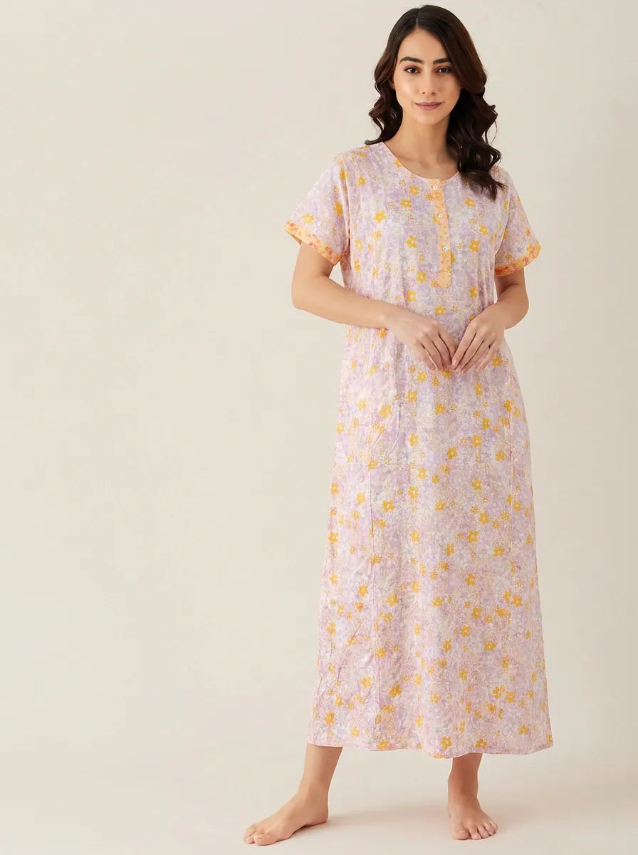The Kaftan Company Nightdress Lilac and Yellow Floral Print Cotton Nightdress with Button Placket