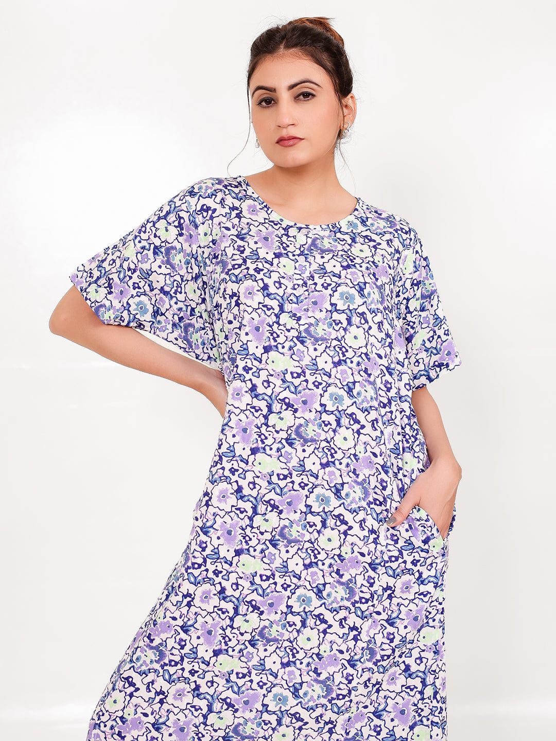 The Kaftan Company Nightdress Lilac Cotton Floral Nightdress with Pockets