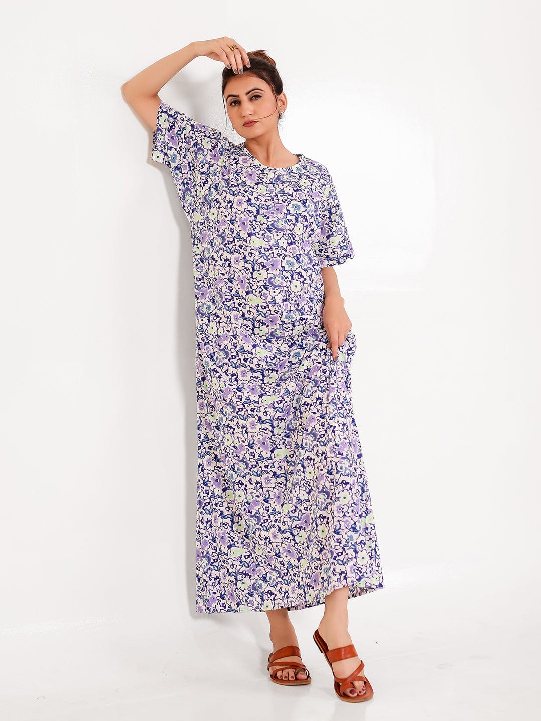 The Kaftan Company Nightdress Lilac Cotton Floral Nightdress with Pockets