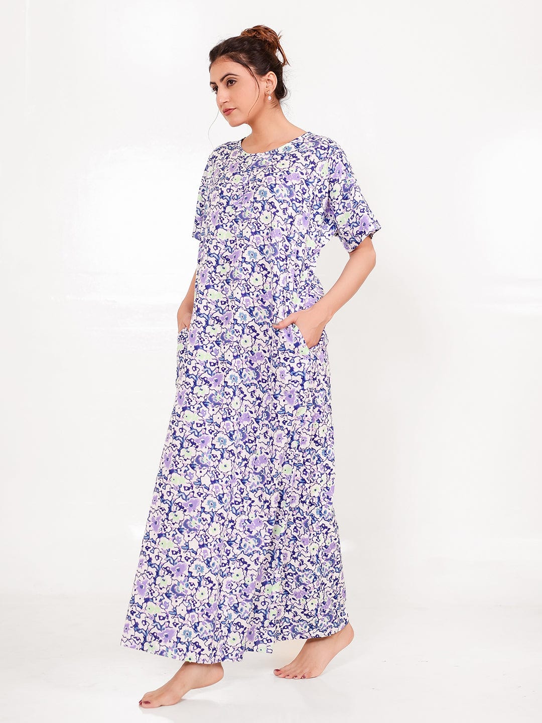 The Kaftan Company Nightdress Lilac Cotton Floral Nightdress with Pockets