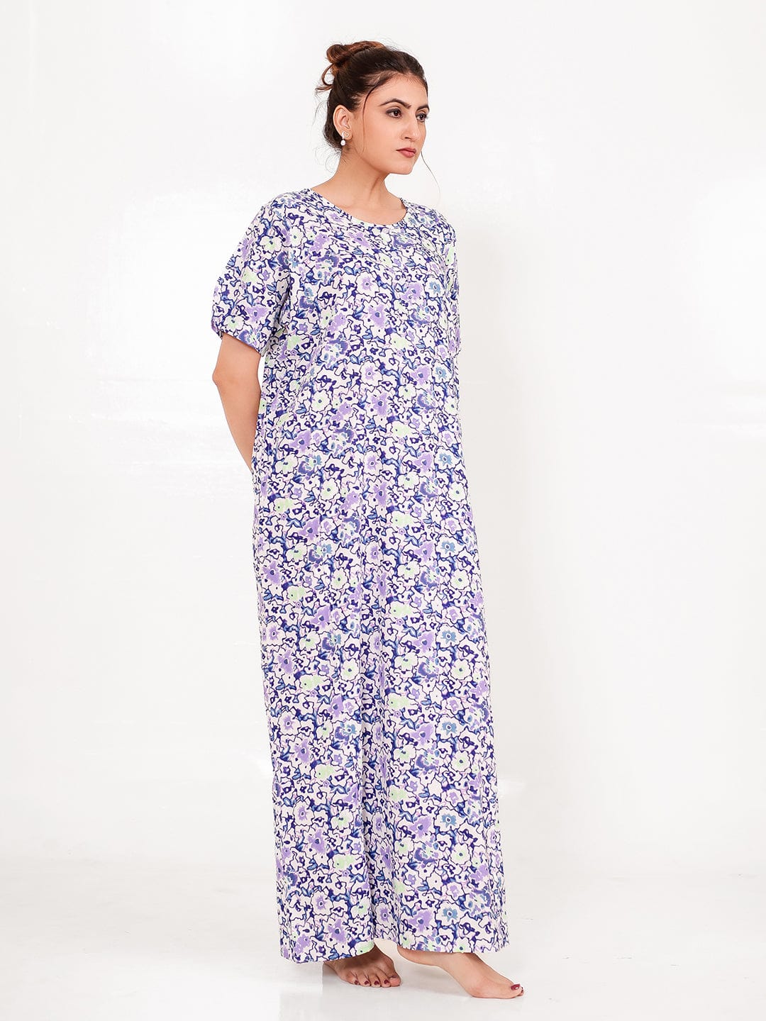 The Kaftan Company Nightdress Lilac Cotton Floral Nightdress with Pockets