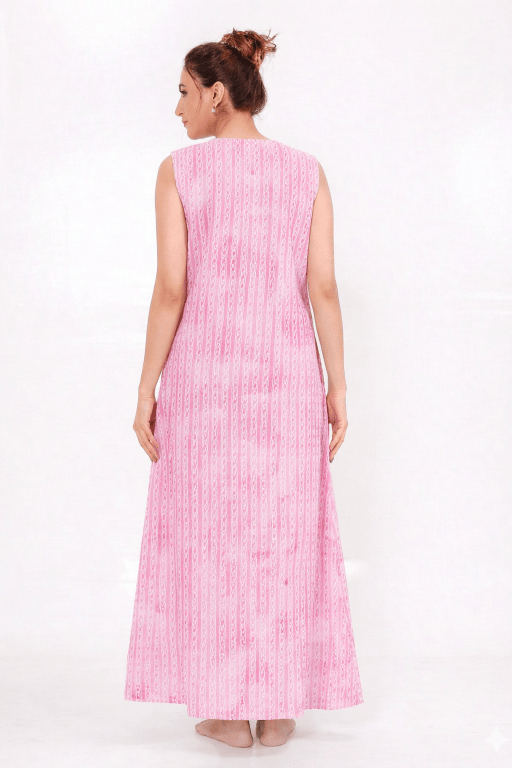 The Kaftan Company Blush Pink Linear Print Cotton Sleeveless Nightdress with Pockets