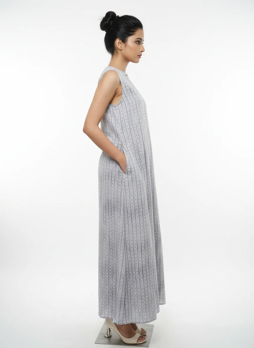 The Kaftan Company Nightdress Linear Print Cotton Sleeveless Nightdress with Pockets
