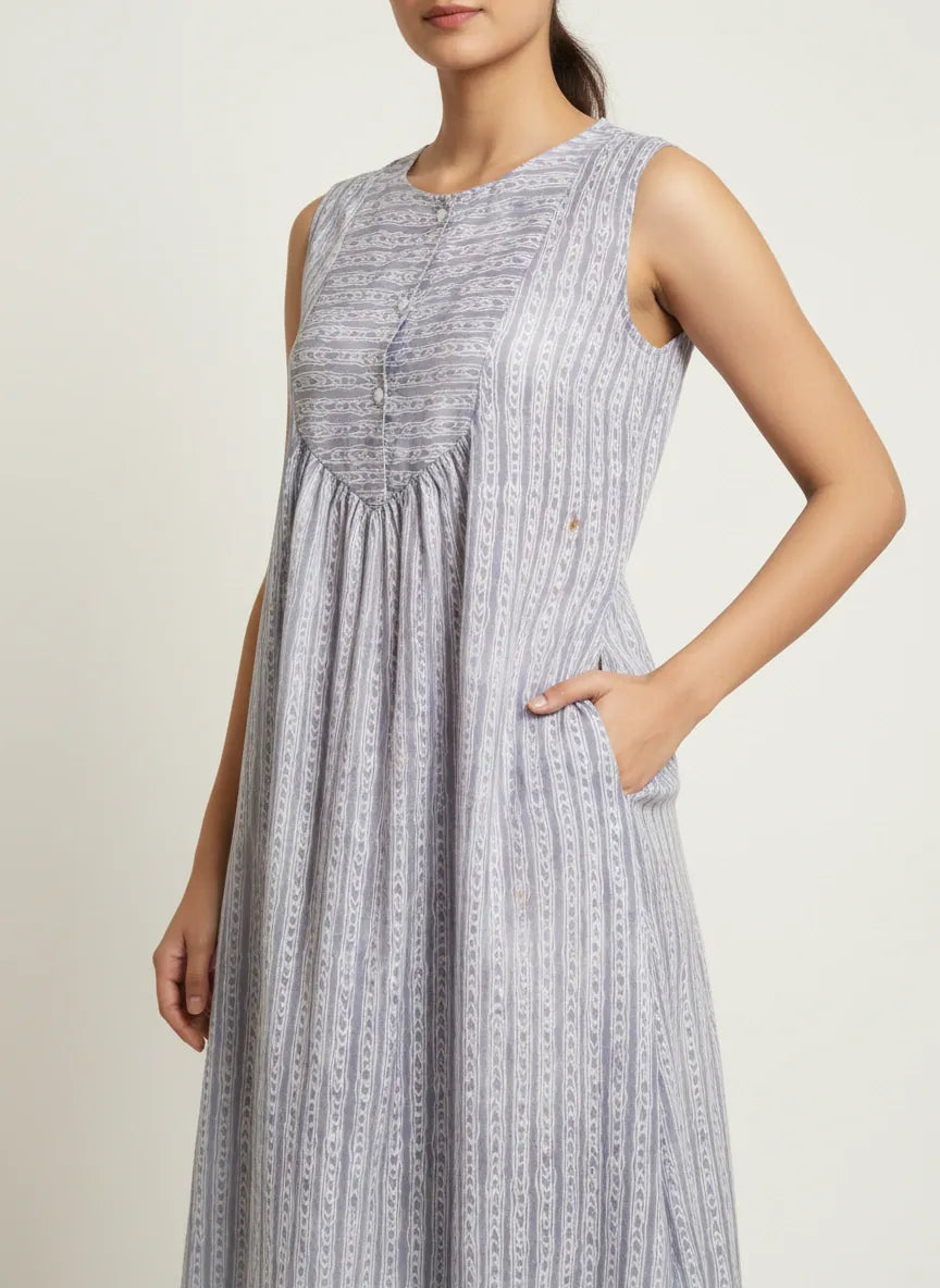 The Kaftan Company Nightdress Linear Print Cotton Sleeveless Nightdress with Pockets
