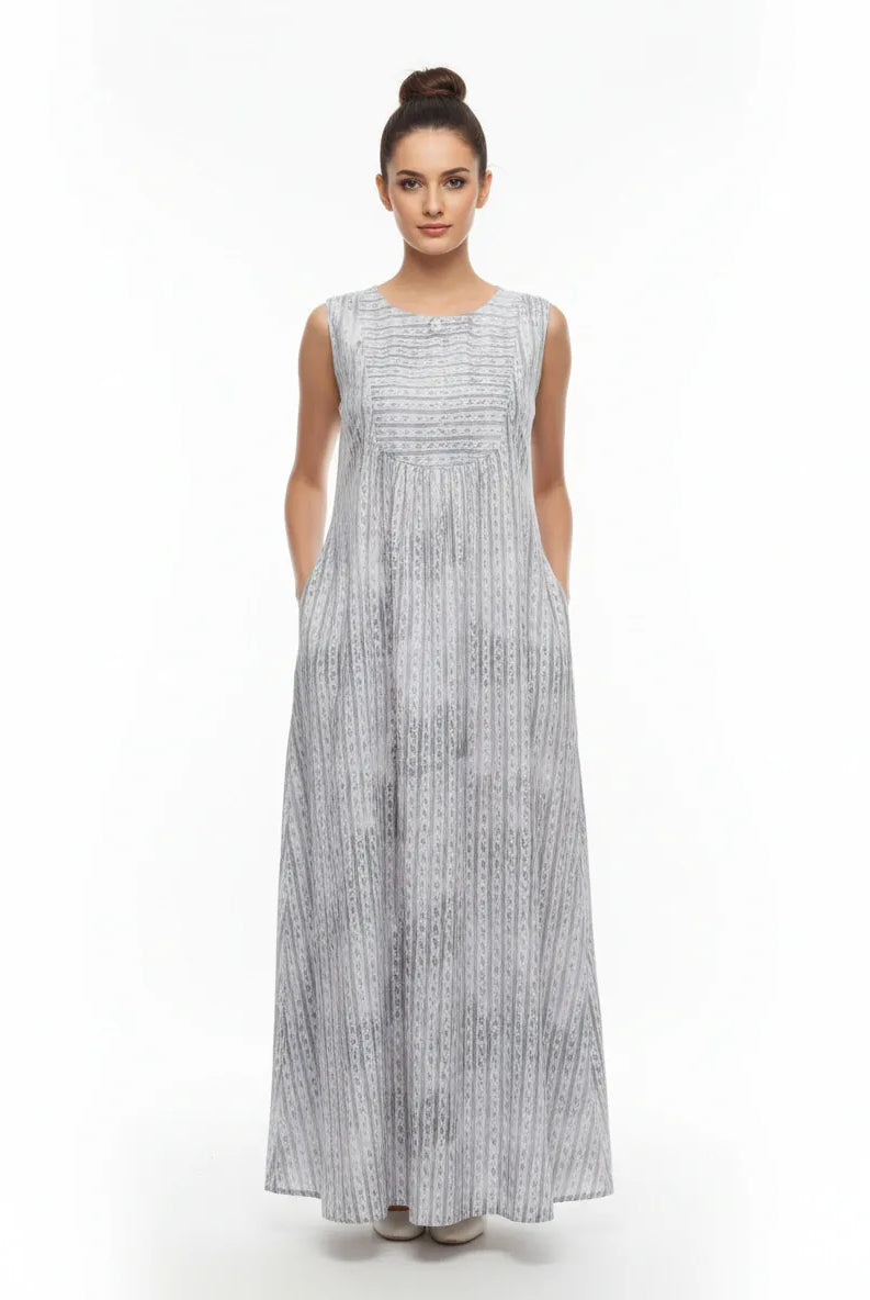 The Kaftan Company Nightdress Linear Print Cotton Sleeveless Nightdress with Pockets