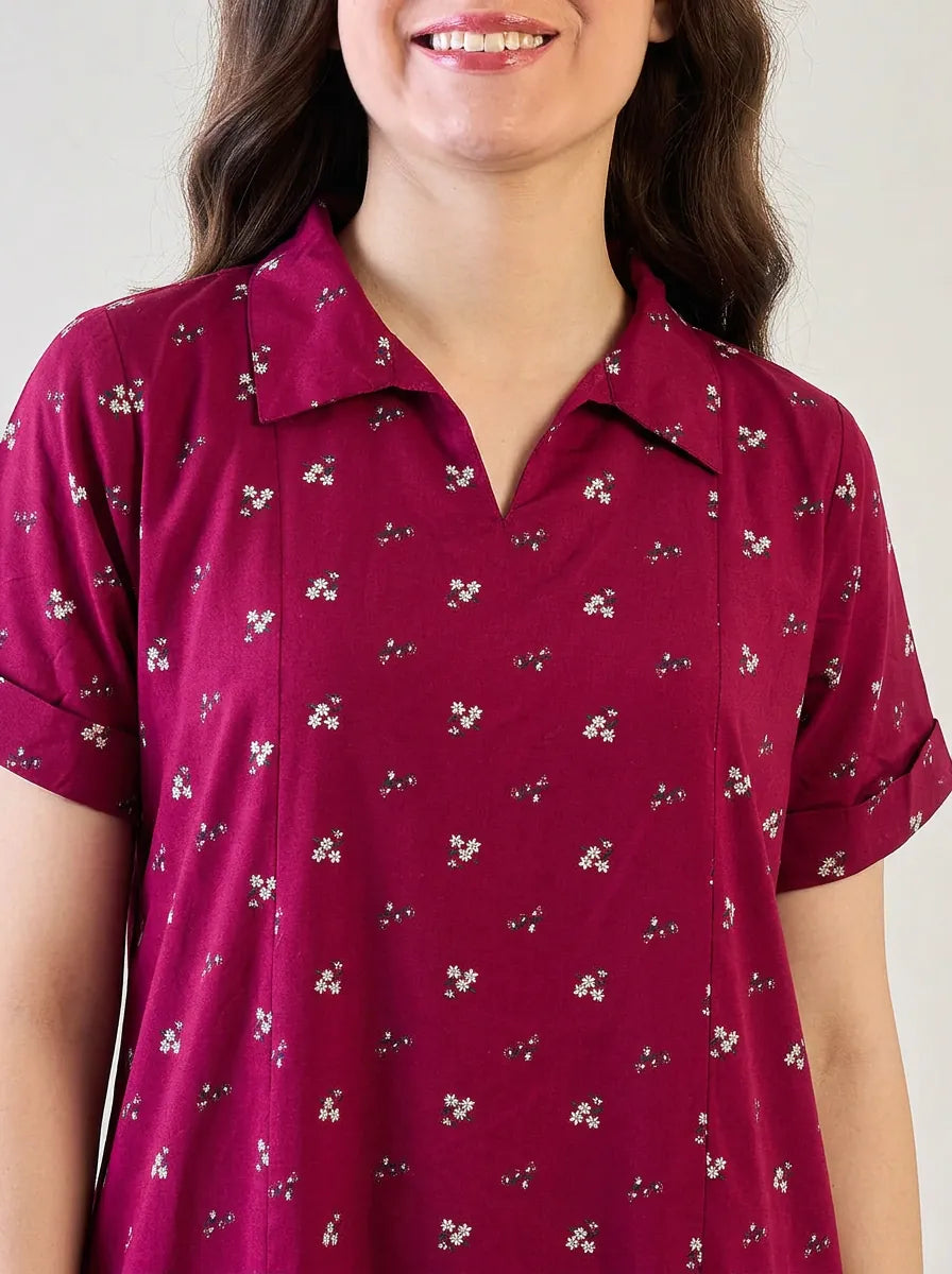 The Kaftan Company Nightdress Magenta Floral Cotton Collared Nightdress with Pockets