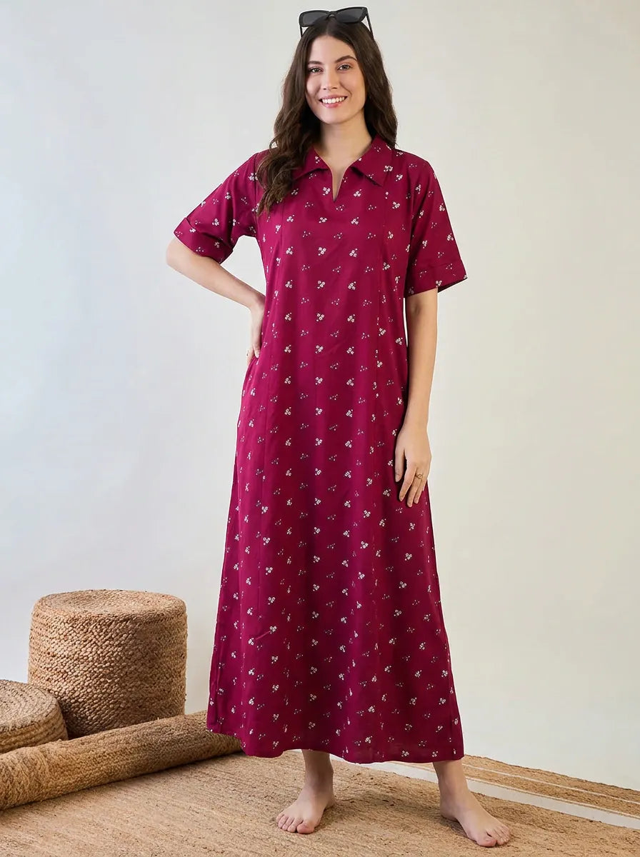 The Kaftan Company Nightdress Magenta Floral Cotton Collared Nightdress with Pockets