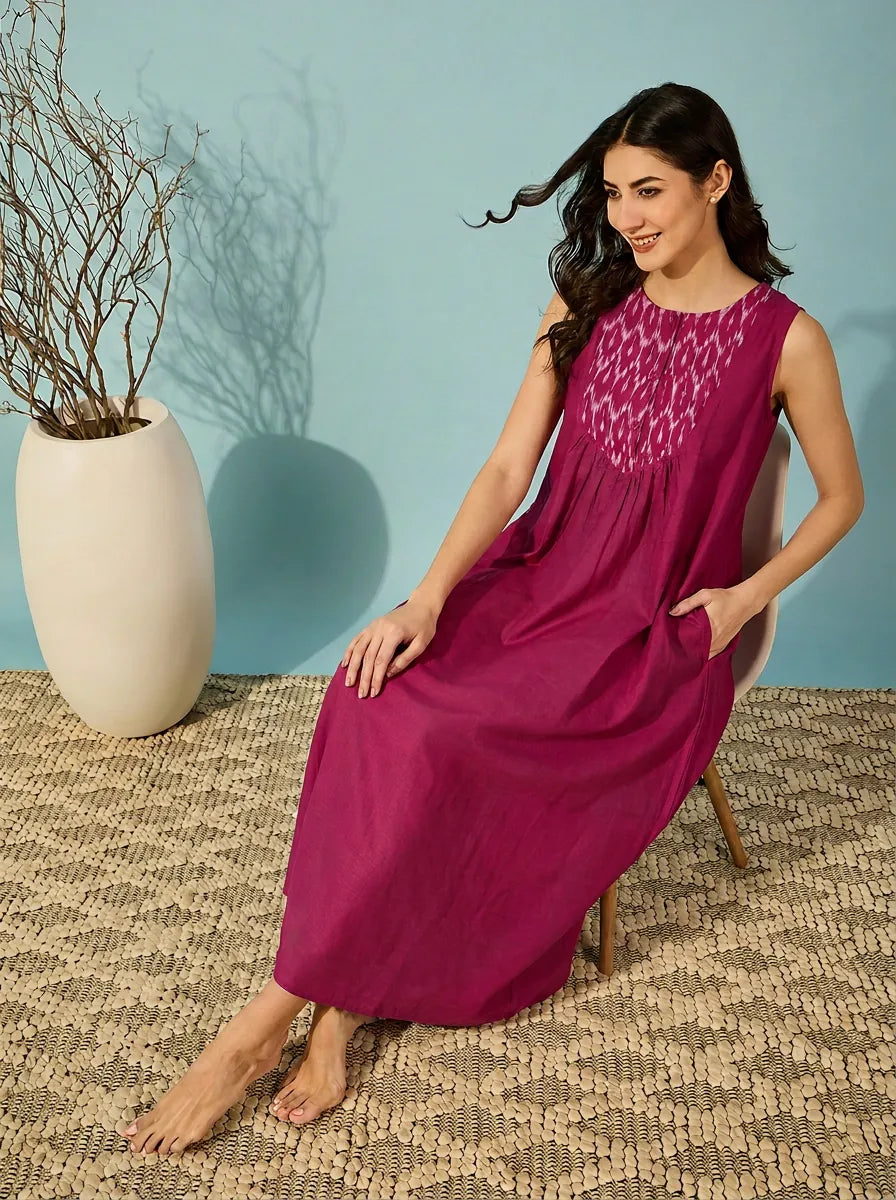 The Kaftan Company Nightdress Magenta Sleeveless Cotton Nightdress with Ikat Print Yoke