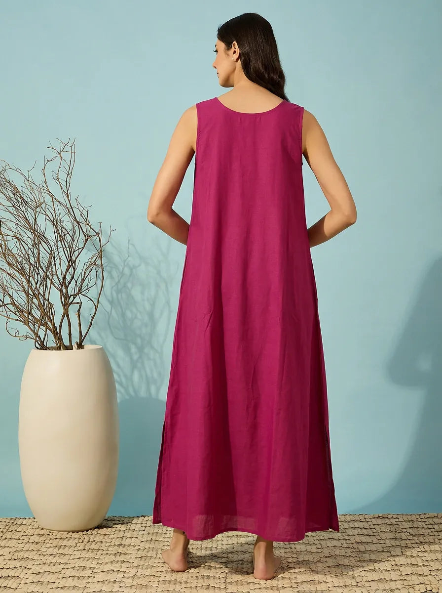 The Kaftan Company Nightdress Magenta Sleeveless Cotton Nightdress with Ikat Print Yoke