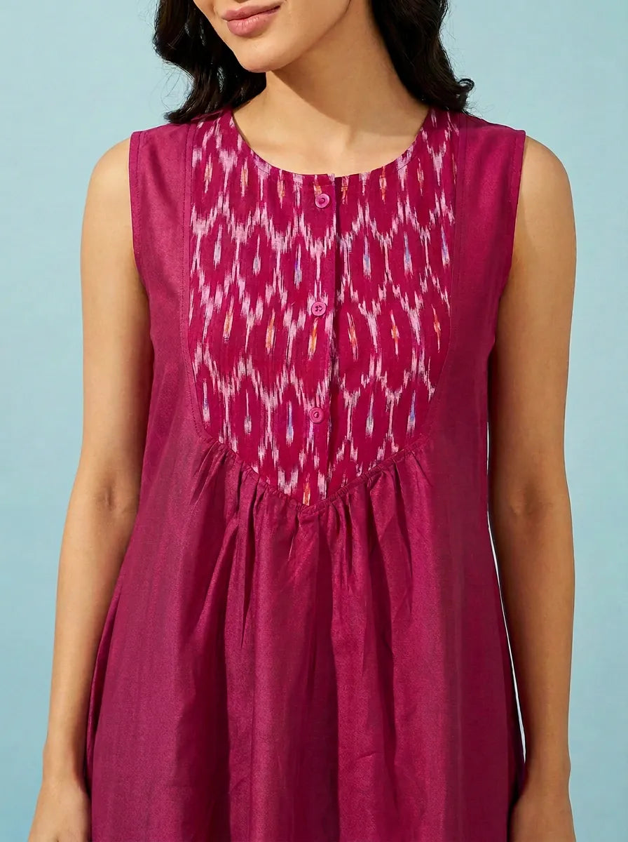 The Kaftan Company Nightdress Magenta Sleeveless Cotton Nightdress with Ikat Print Yoke
