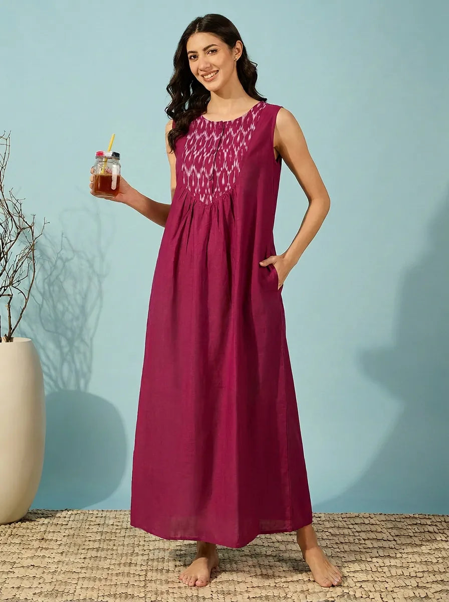 The Kaftan Company Nightdress Magenta Sleeveless Cotton Nightdress with Ikat Print Yoke