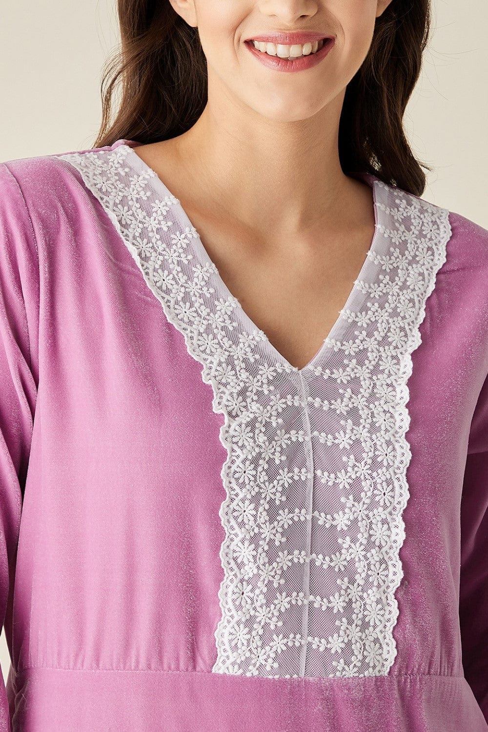 The Kaftan Company Nightdress Mauve Velvet Nightdress with Lace Detail Neckline