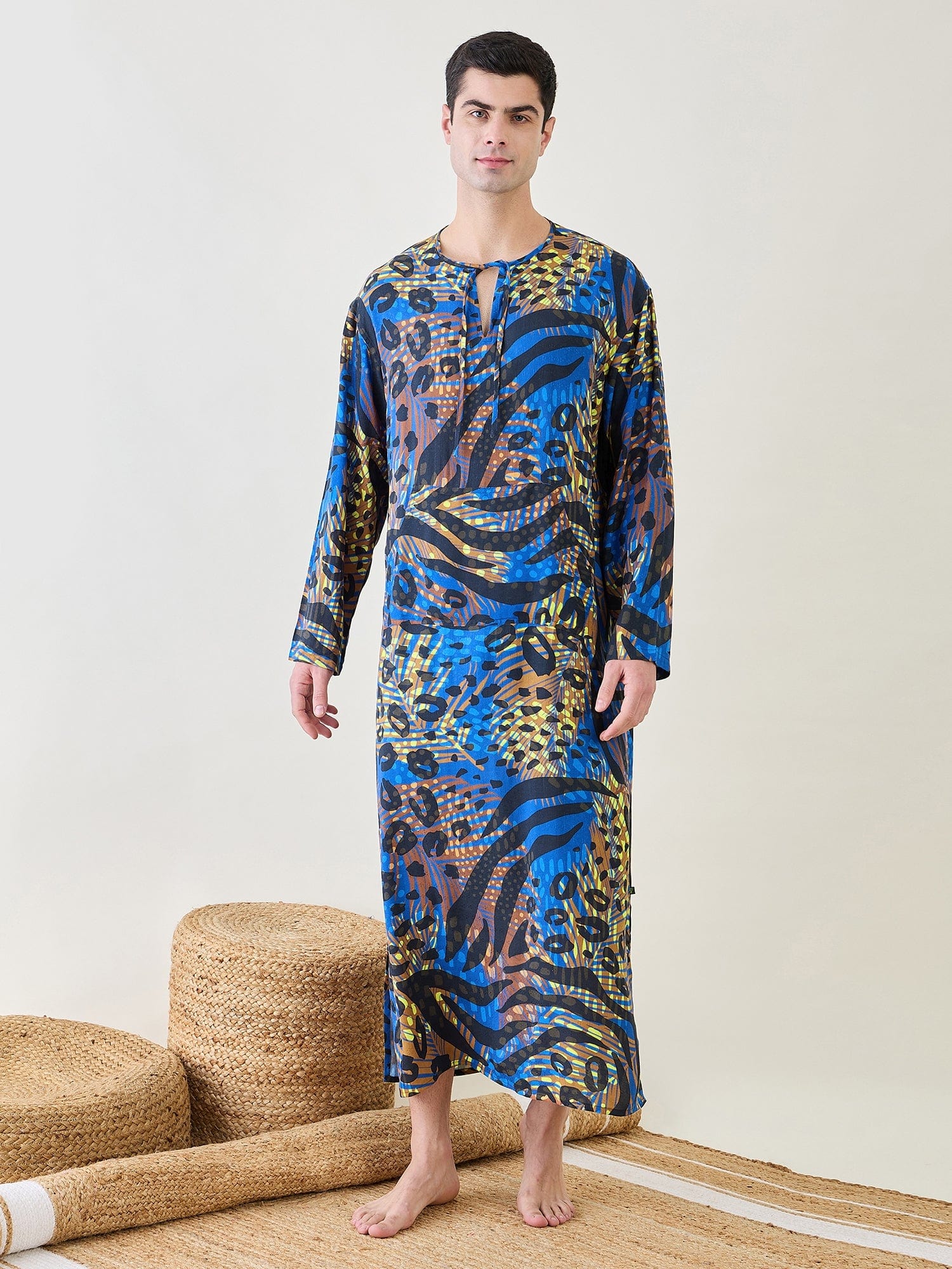 The Kaftan Company Nightdress Mens Animal Printed Blue Kaftan Robe