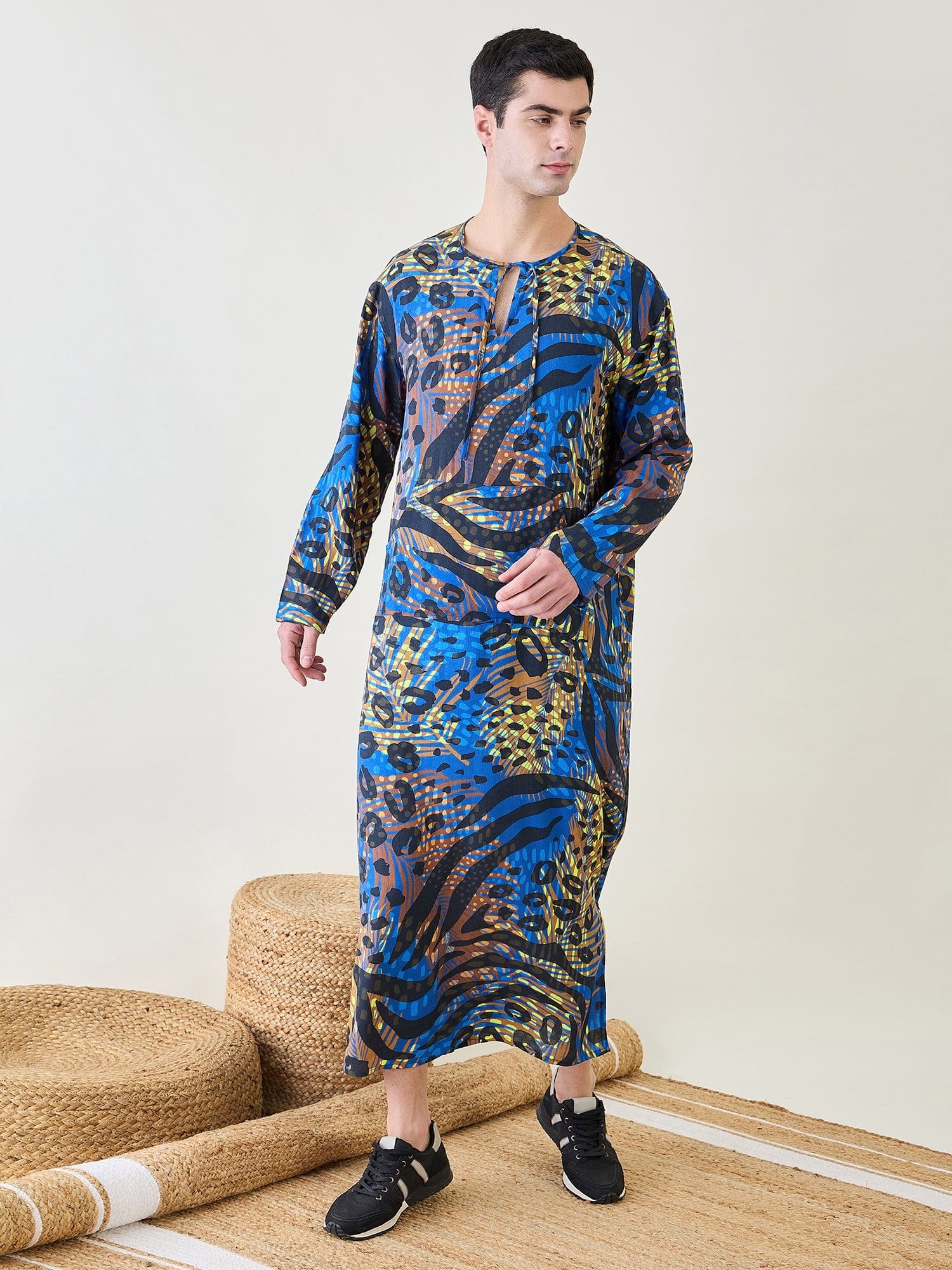 The Kaftan Company Nightdress Mens Animal Printed Blue Kaftan Robe