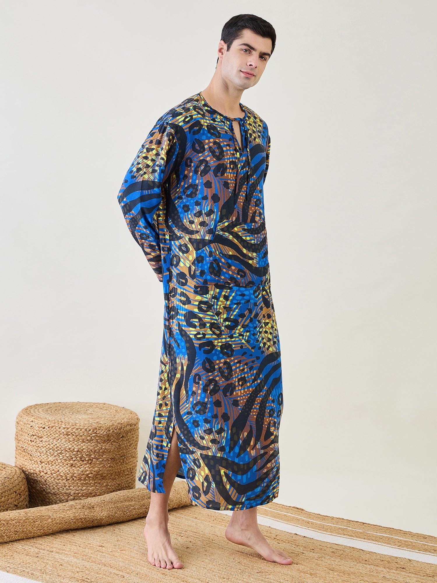 The Kaftan Company Nightdress Mens Animal Printed Blue Kaftan Robe