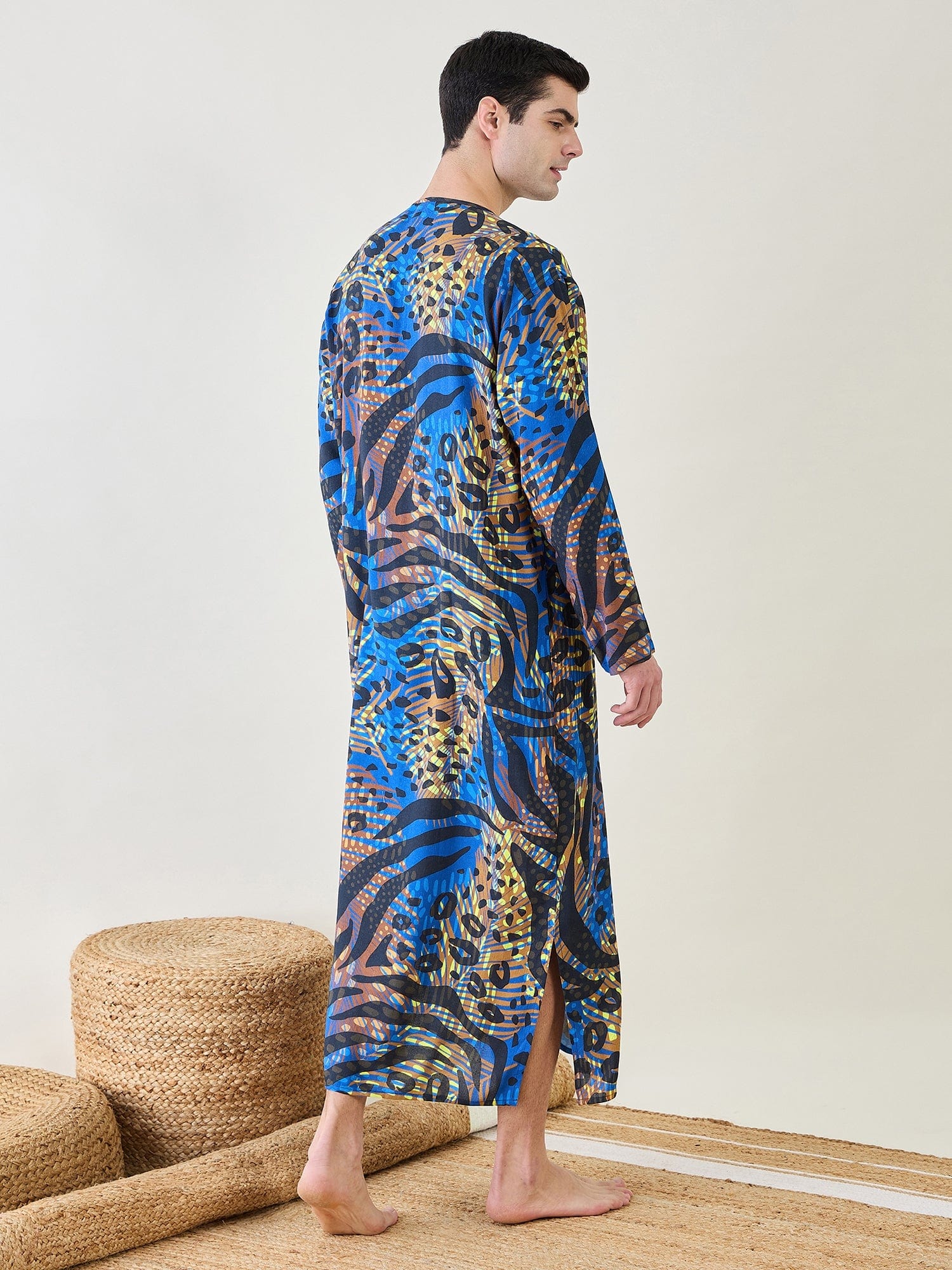 The Kaftan Company Nightdress Mens Animal Printed Blue Kaftan Robe