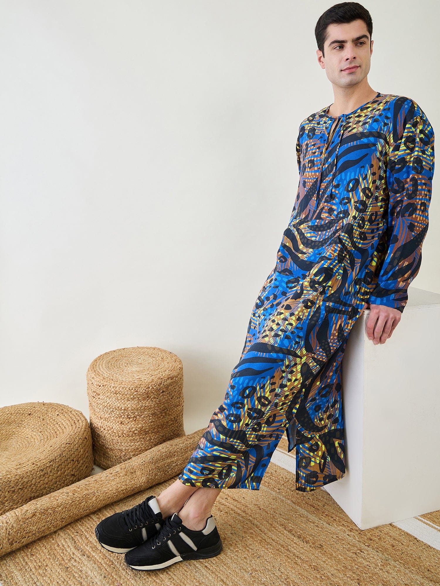 The Kaftan Company Nightdress Mens Animal Printed Blue Kaftan Robe
