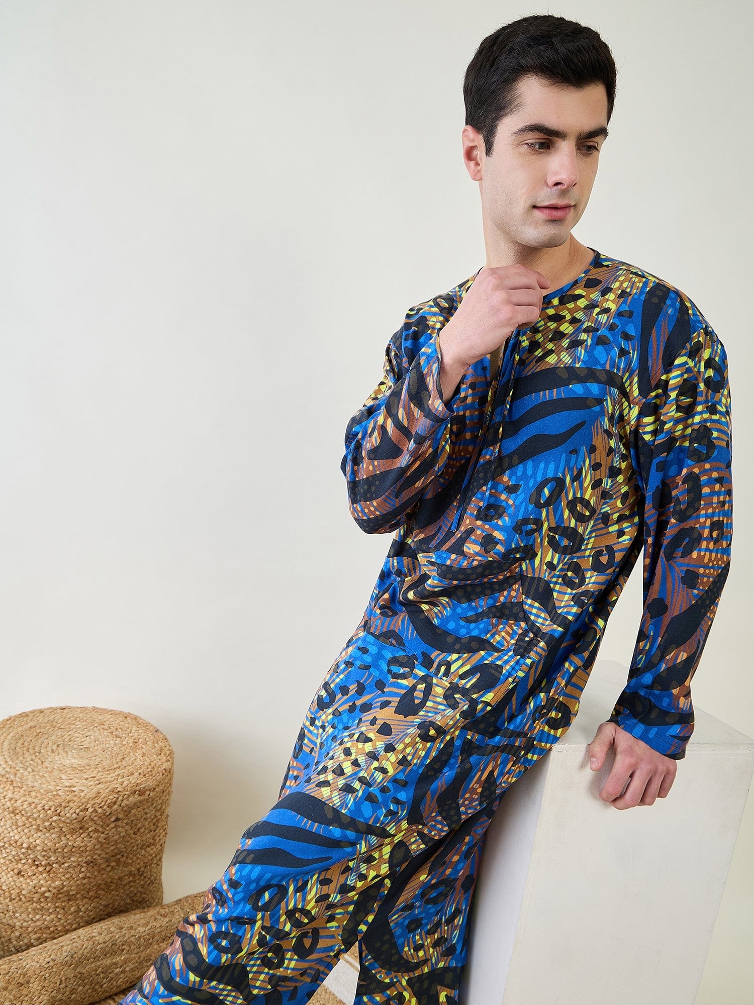 The Kaftan Company Nightdress Mens Animal Printed Blue Kaftan Robe