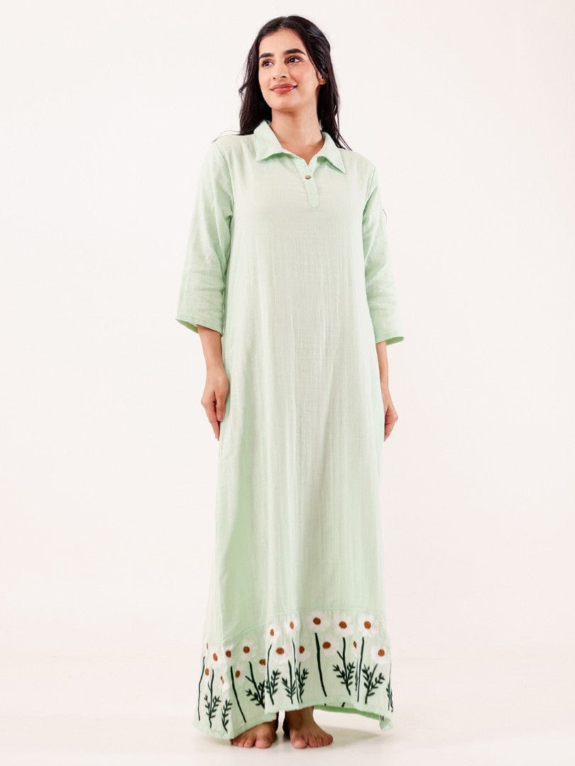The Kaftan Company Nightdress Mint Green Embroidered Cotton Nightdress
