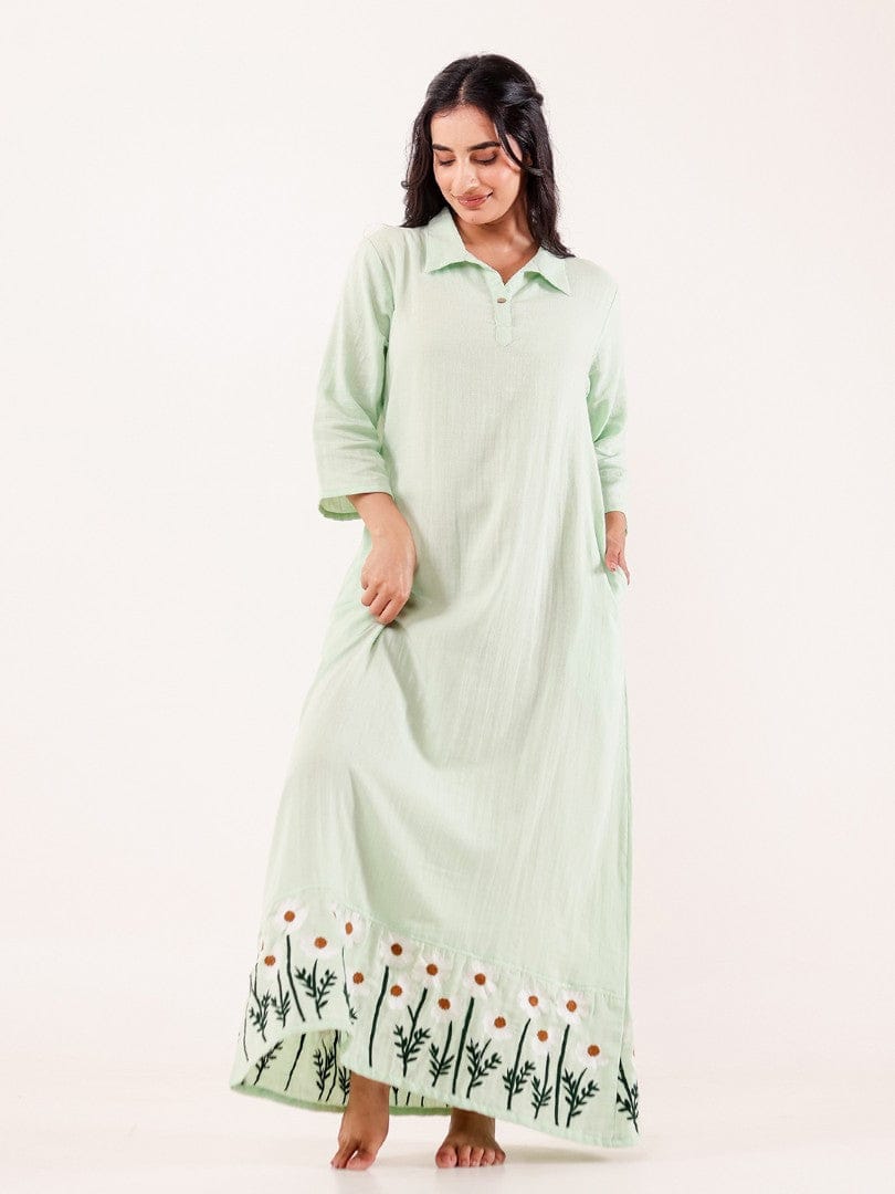 The Kaftan Company Nightdress Mint Green Embroidered Cotton Nightdress
