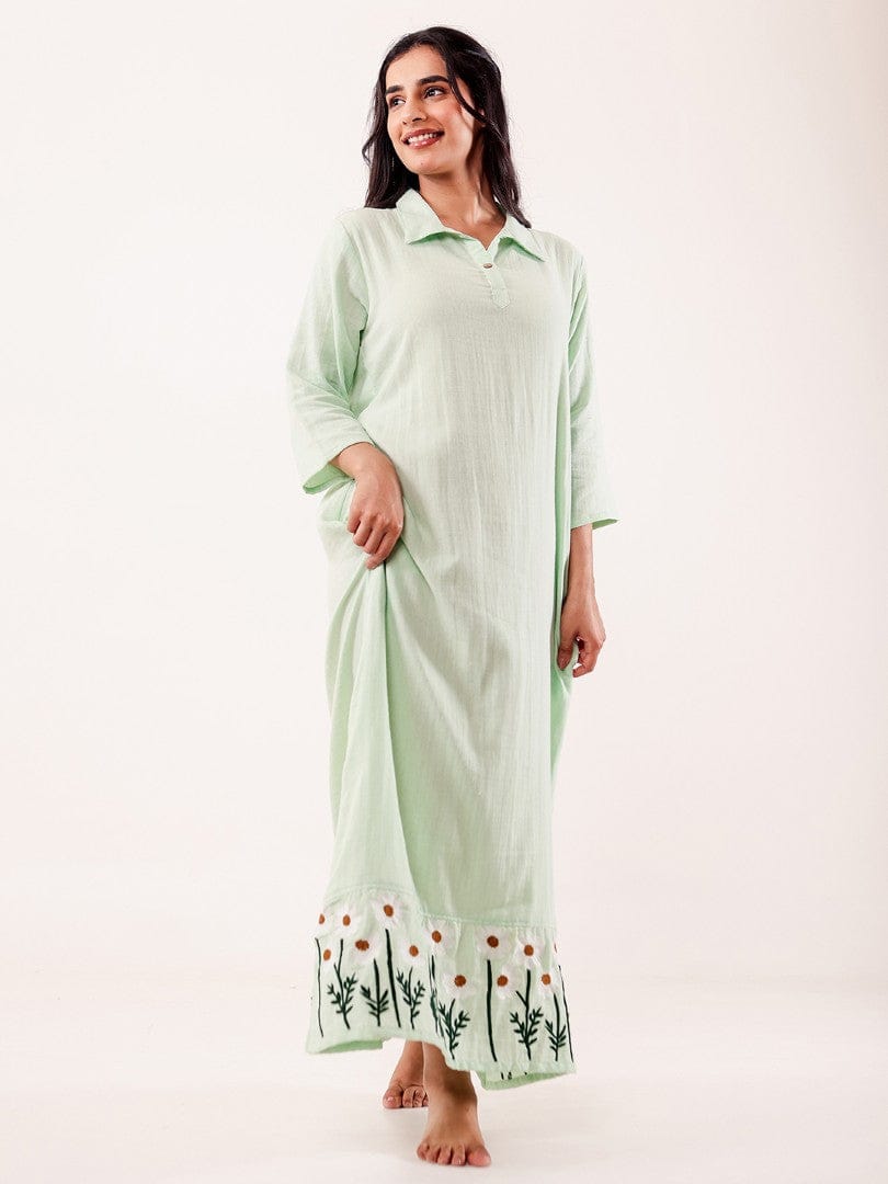 The Kaftan Company Nightdress Mint Green Embroidered Cotton Nightdress