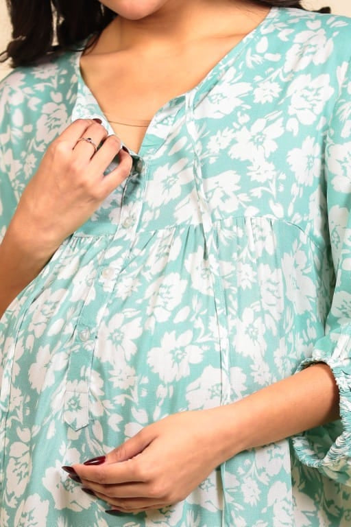 The Kaftan Company Nightdress Mint Green Floral Viscose Rayon Maternity Nightdress