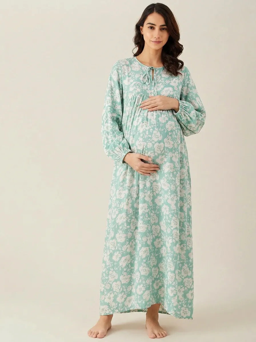 The Kaftan Company Nightdress Mint Green Floral Viscose Rayon Maternity Nightdress