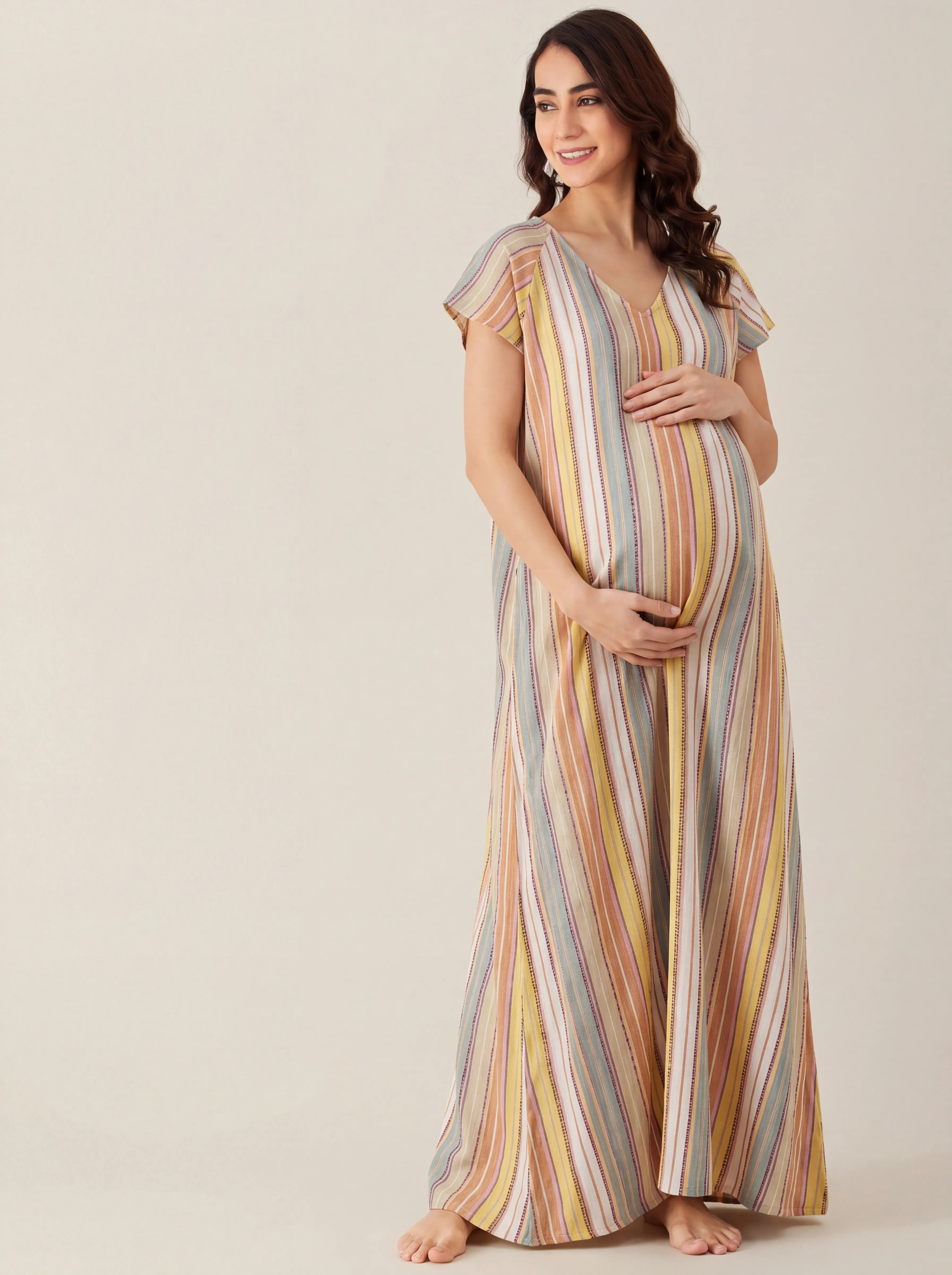 The Kaftan Company Nightdress Multicolour Striped Viscose Maternity Nightdress with Pockets