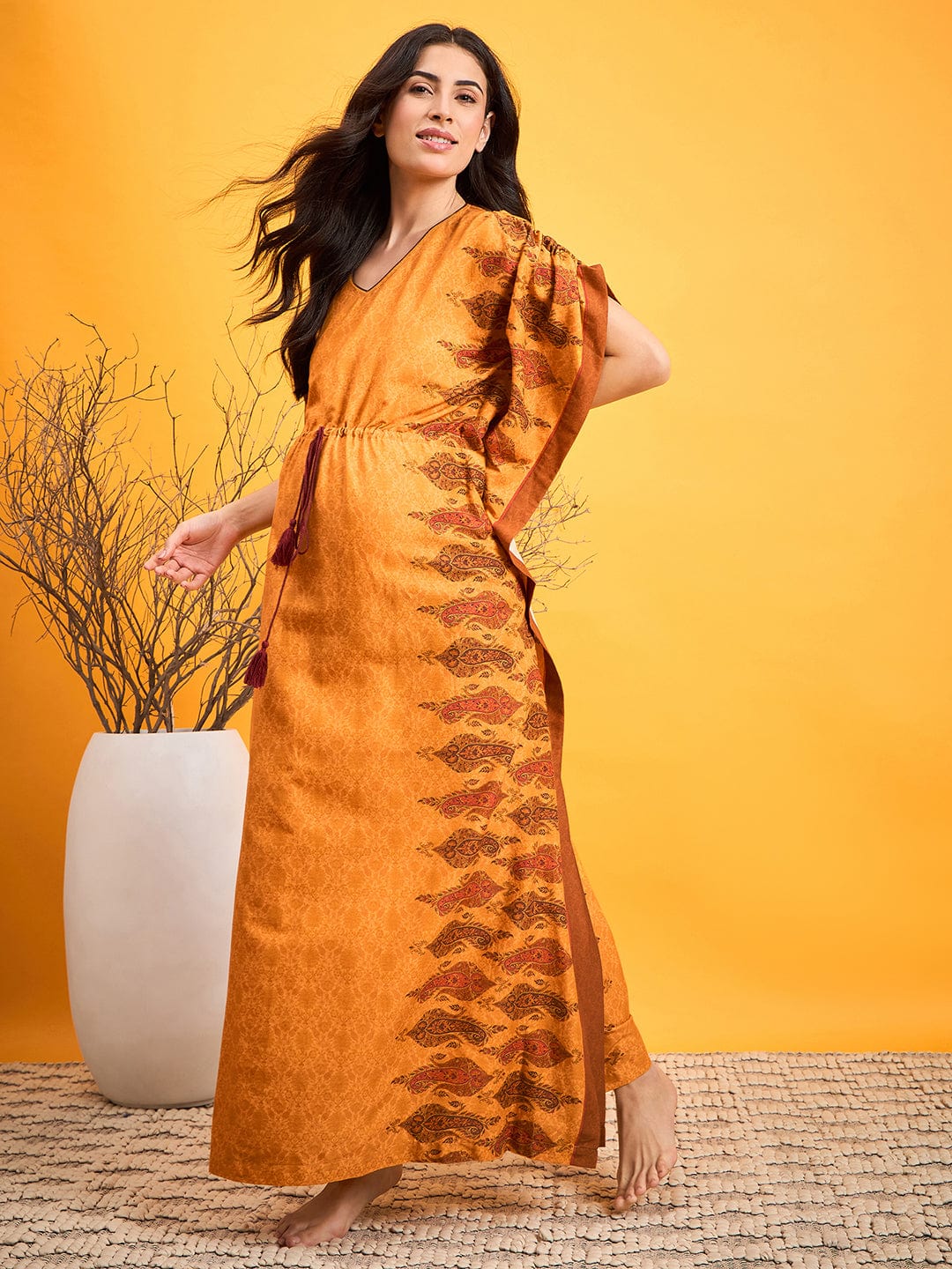 The Kaftan Company Nightdress Mustard Paisley Cotton Maternity Lounge Dress