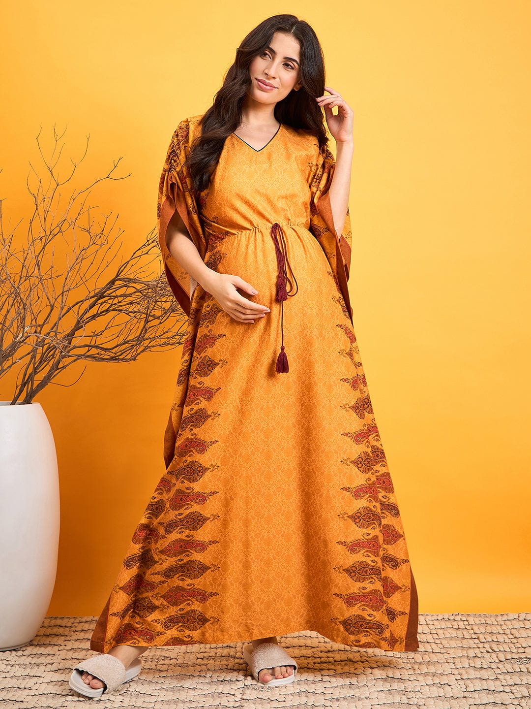 The Kaftan Company Nightdress Mustard Paisley Cotton Maternity Lounge Dress
