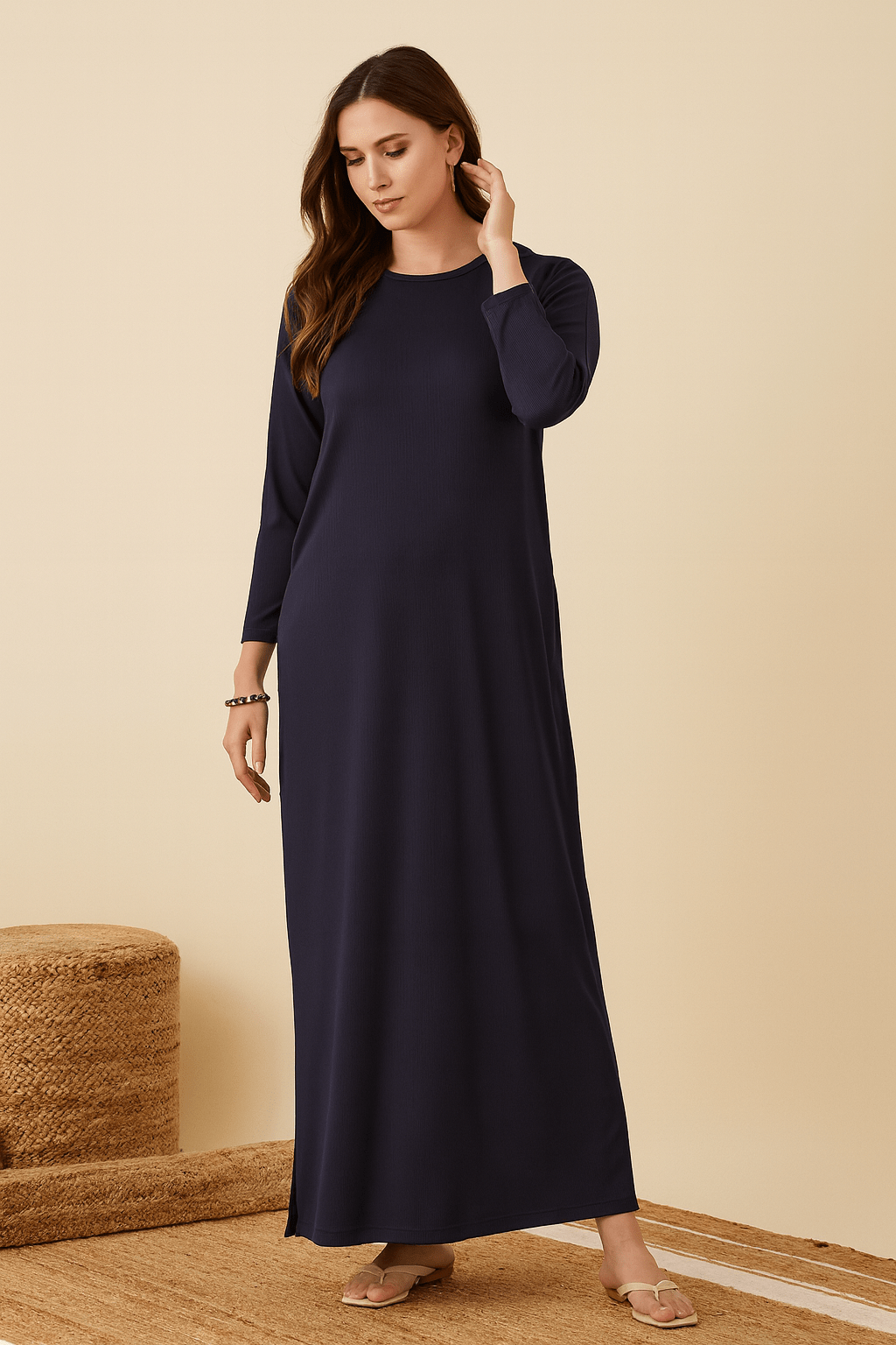 The Kaftan Company Nightdress Navy Blue Ribbed Full-Length Nightdress