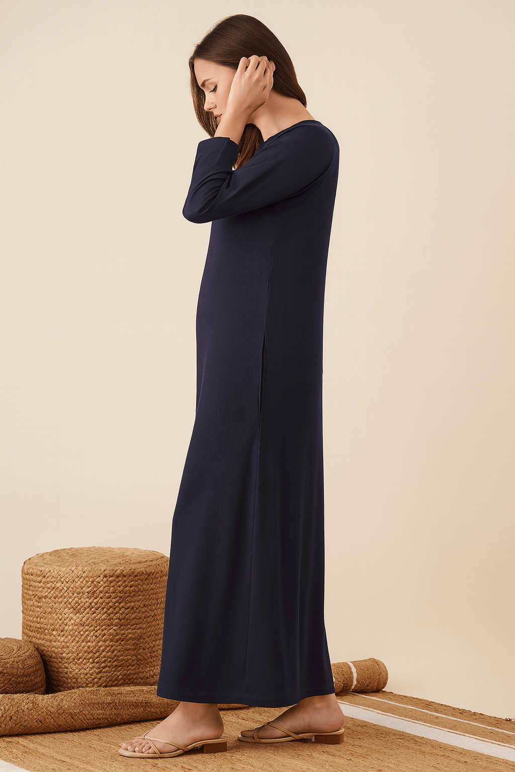 The Kaftan Company Nightdress Navy Blue Ribbed Full-Length Nightdress