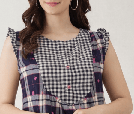 The Kaftan Company Nightdress Navy Check Print Cotton Short Nightdress with Ruffle Hem