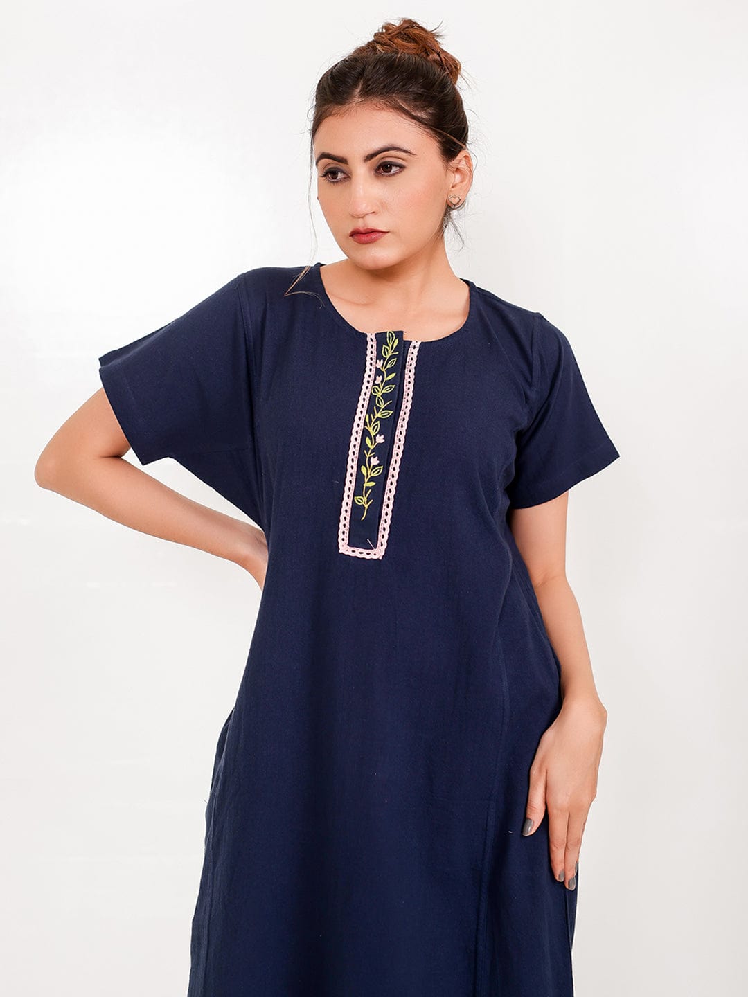 The Kaftan Company Nightdress Navy Cotton Nightdress – Hand-Embroidered Placket