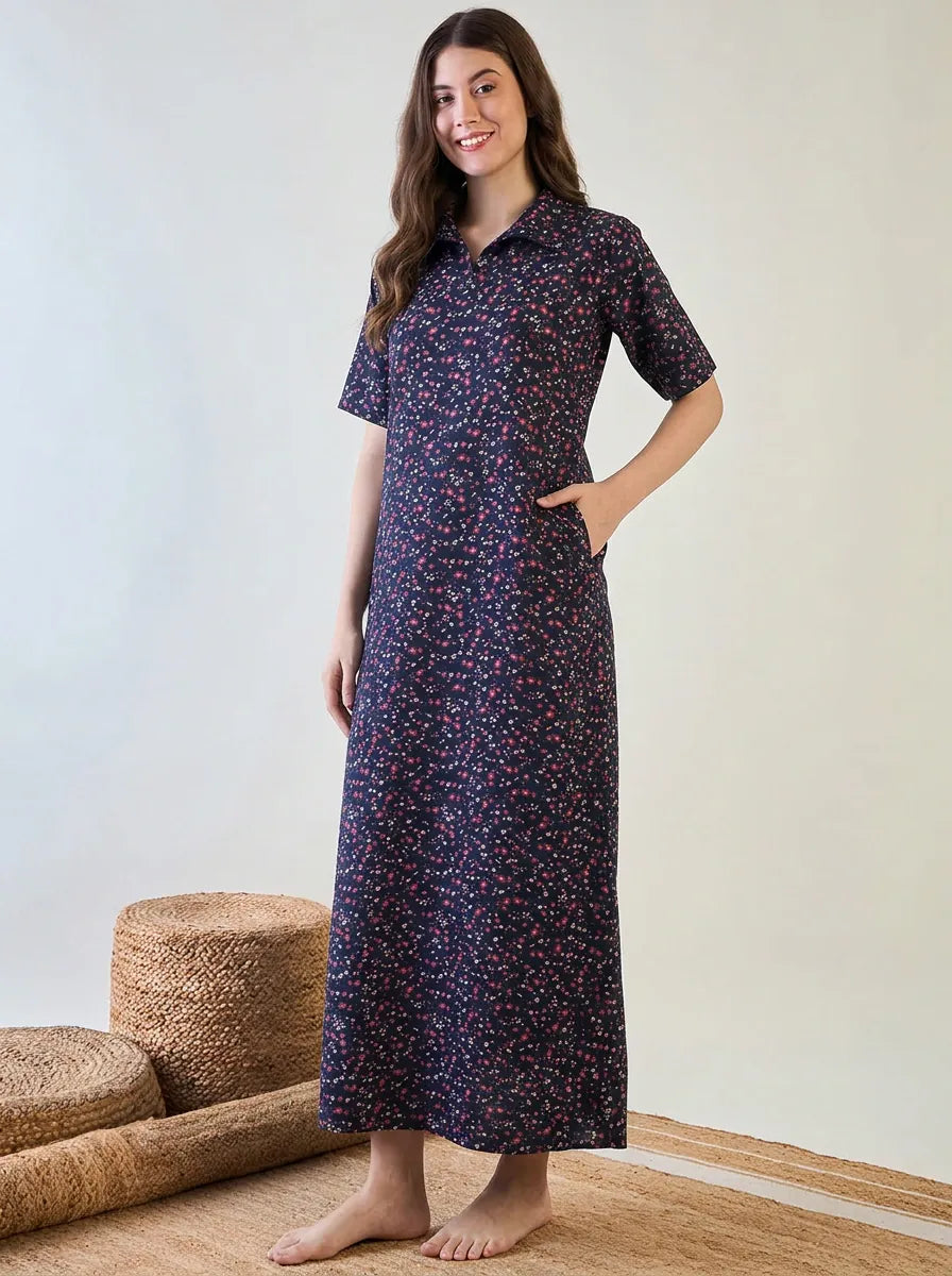 The Kaftan Company Nightdress Navy Floral Cotton Collared Nightdress with Pockets
