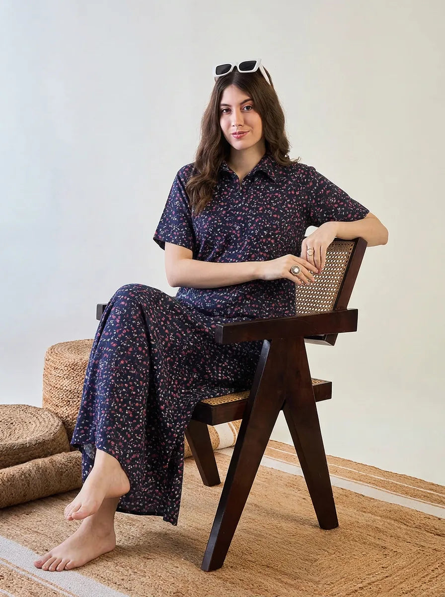 The Kaftan Company Nightdress Navy Floral Cotton Collared Nightdress with Pockets