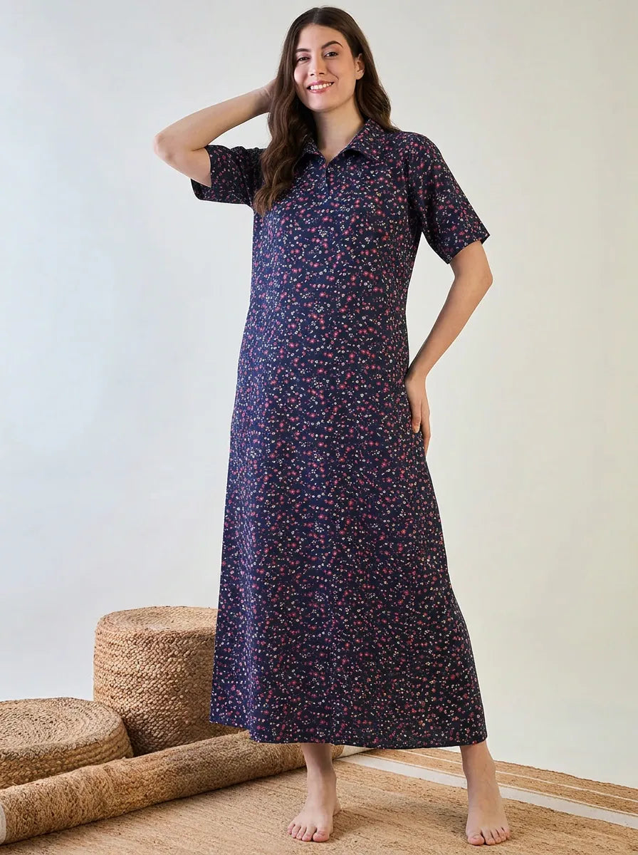 The Kaftan Company Nightdress Navy Floral Cotton Collared Nightdress with Pockets