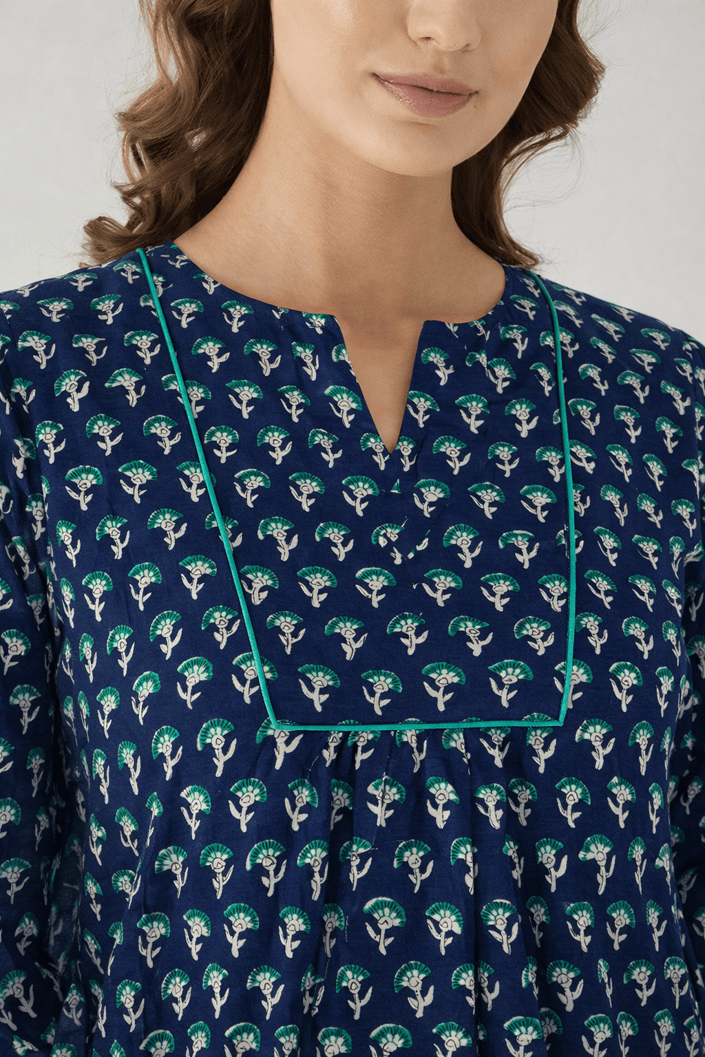 The Kaftan Company Nightdress Navy Printed Cotton Nightdress with Side Pockets