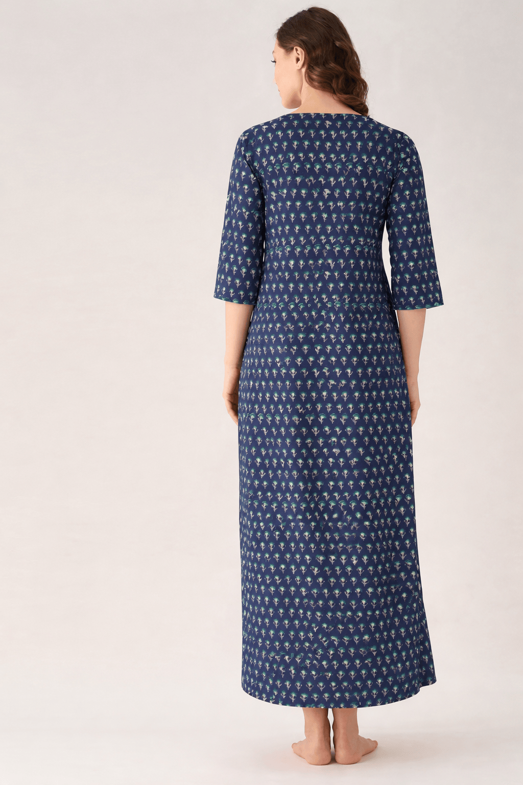 The Kaftan Company Nightdress Navy Printed Cotton Nightdress with Side Pockets