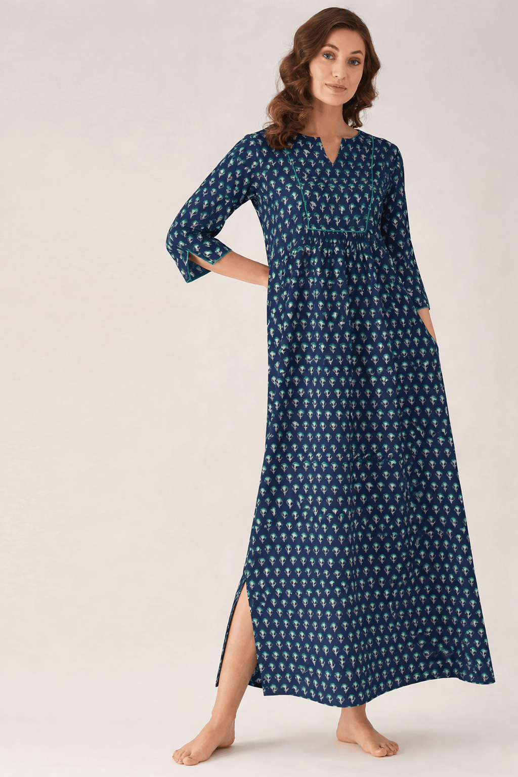 The Kaftan Company Nightdress Navy Printed Cotton Nightdress with Side Pockets
