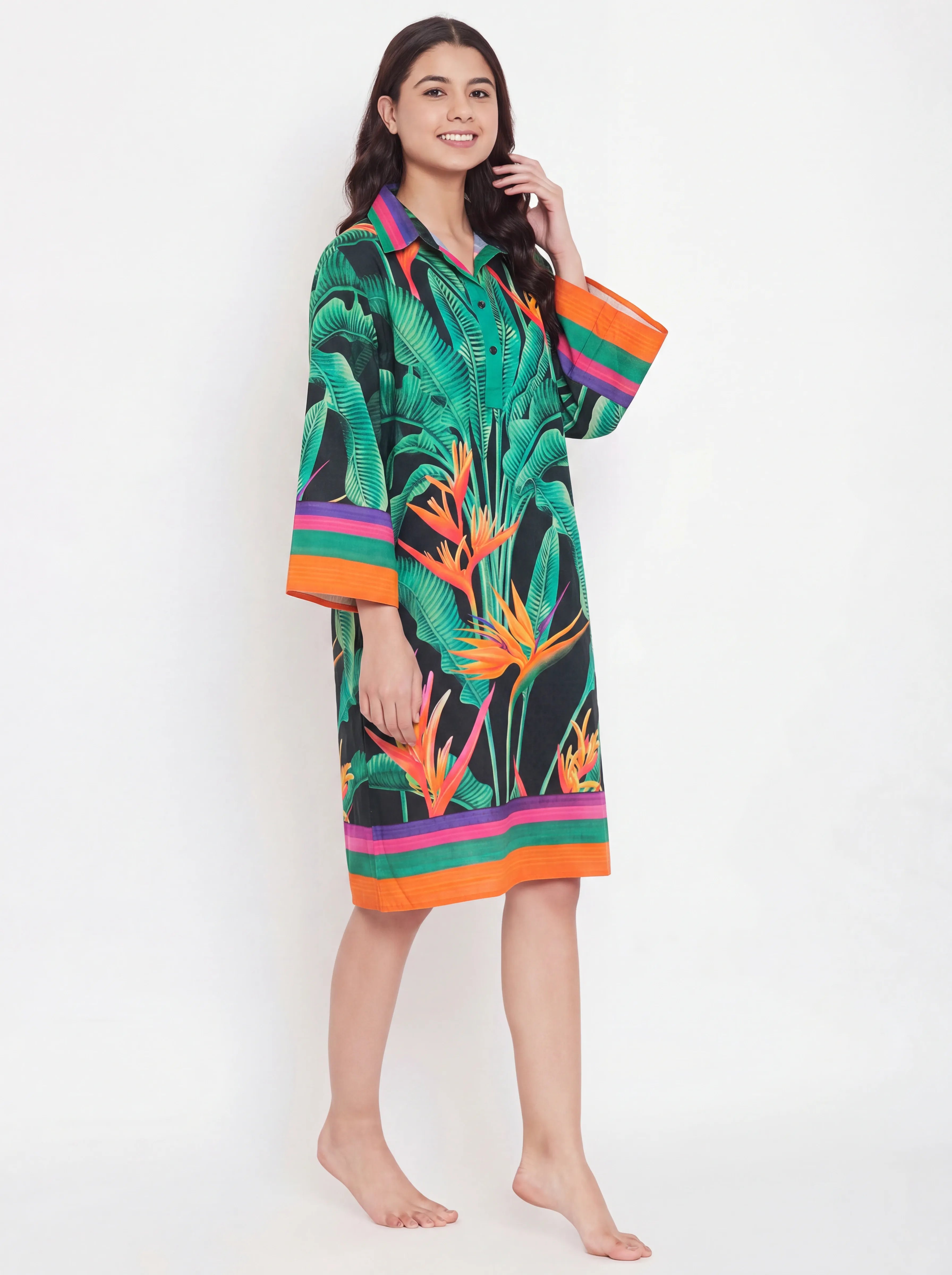 The Kaftan Company Nightdress Neon Paradise Print Short Cotton Nightdress