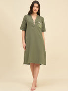 The Kaftan Company Nightdress Olive Cotton Nightdress with Embroidered Pocket