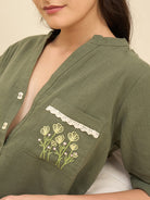 The Kaftan Company Nightdress Olive Cotton Nightdress with Embroidered Pocket