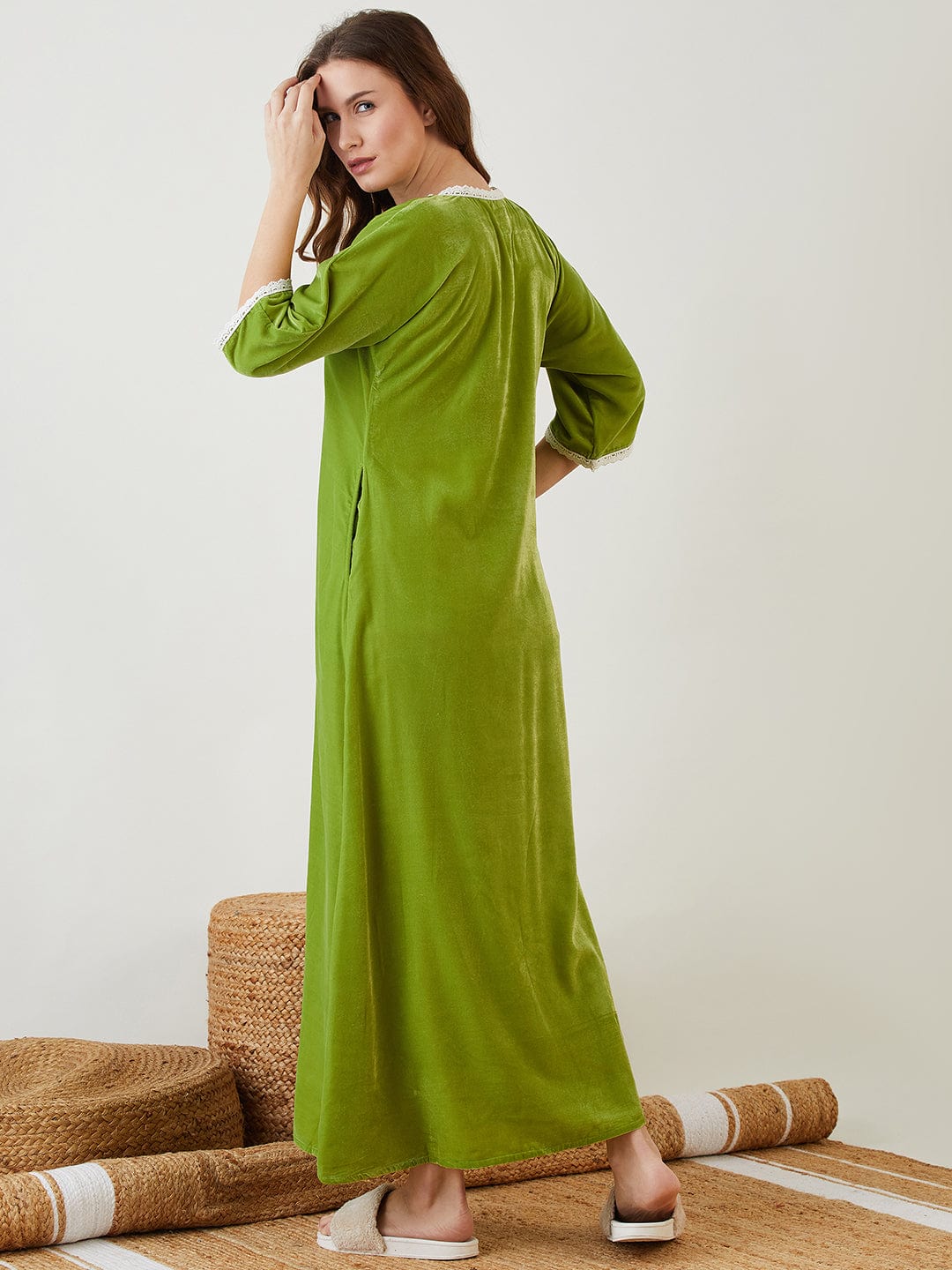 The Kaftan Company Nightdress Olive Green Velvet Nightdress with Lace Trim Neckline