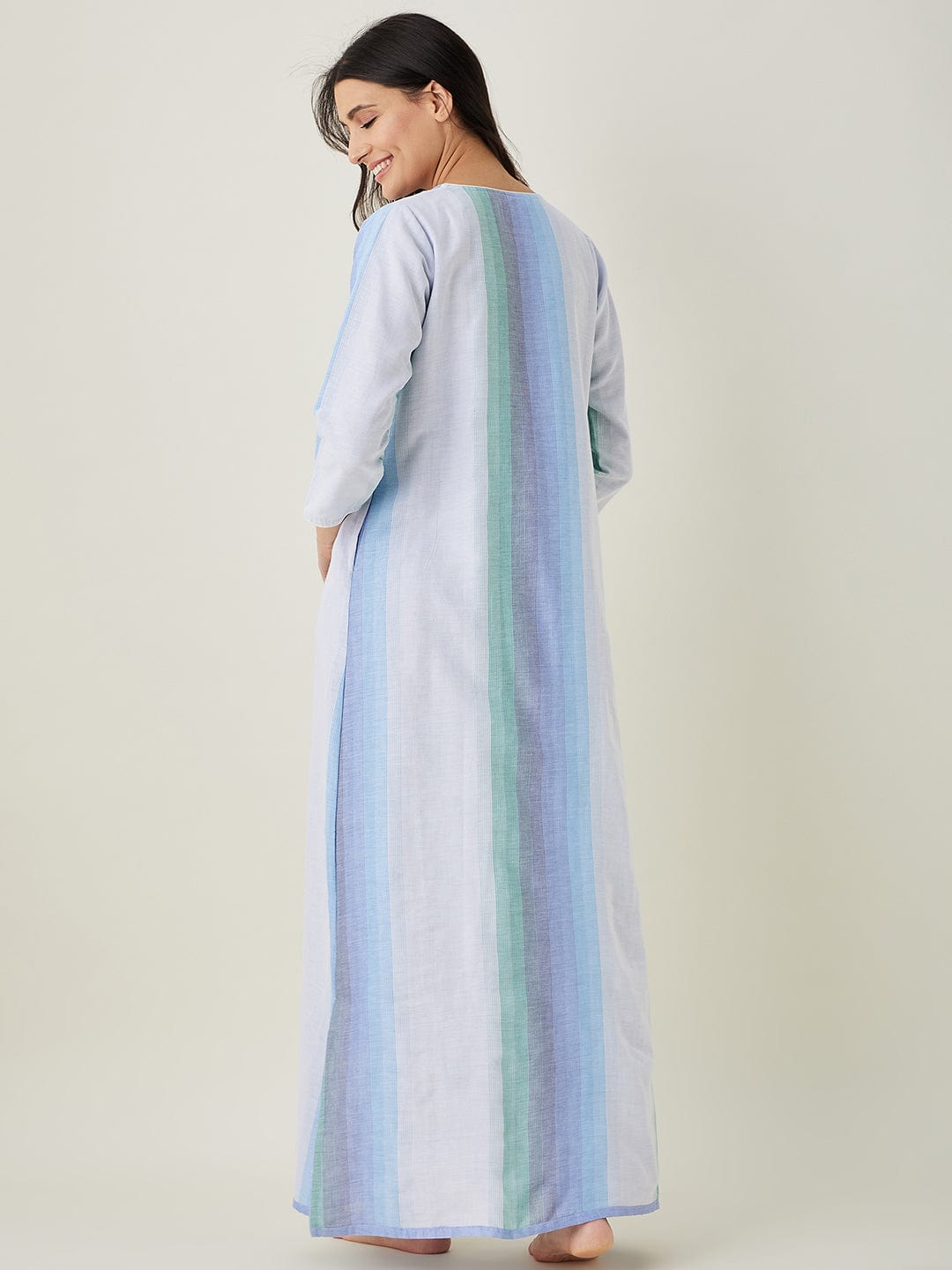 The Kaftan Company Nightdress Pastel Blue Striped Handloom Cotton Nightdress
