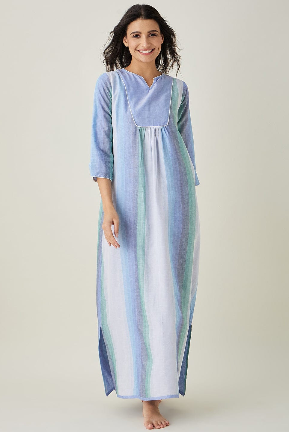The Kaftan Company Nightdress Pastel Blue Striped Handloom Cotton Nightdress
