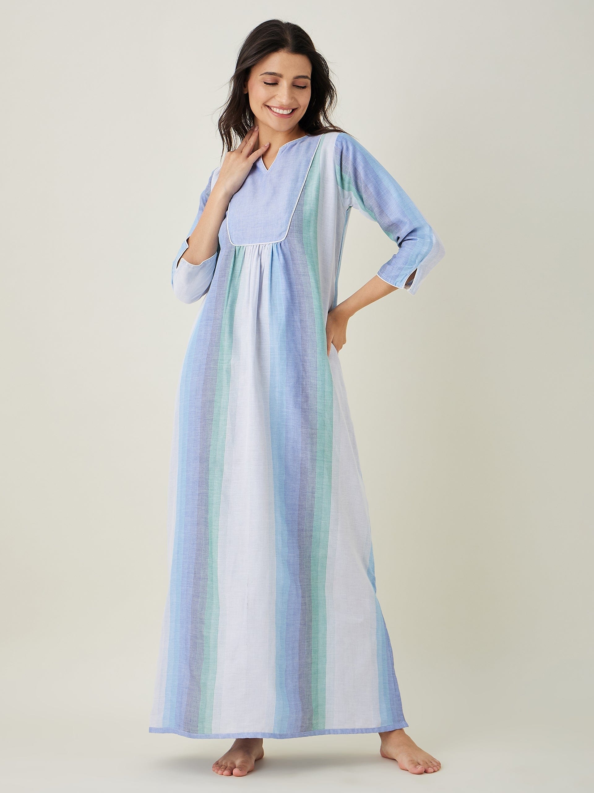 The Kaftan Company Nightdress Pastel Blue Striped Handloom Cotton Nightdress
