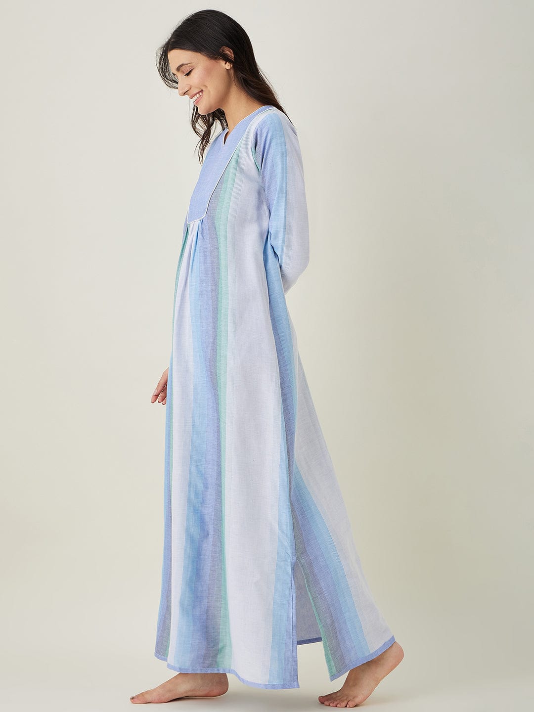 The Kaftan Company Nightdress Pastel Blue Striped Handloom Cotton Nightdress