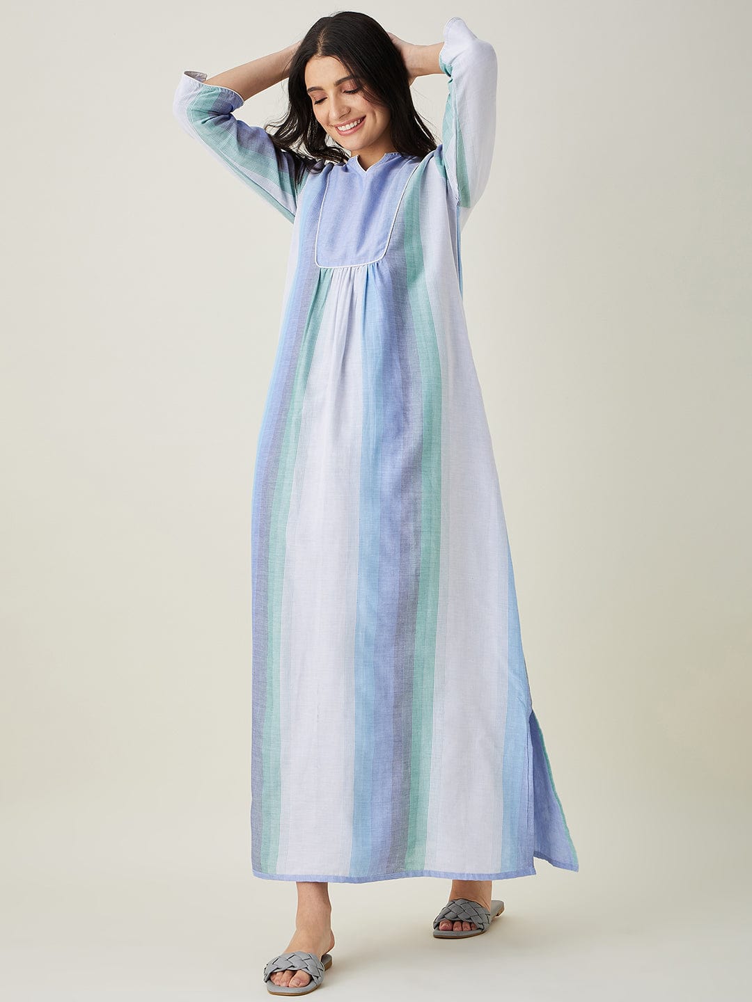 The Kaftan Company Nightdress Pastel Blue Striped Handloom Cotton Nightdress