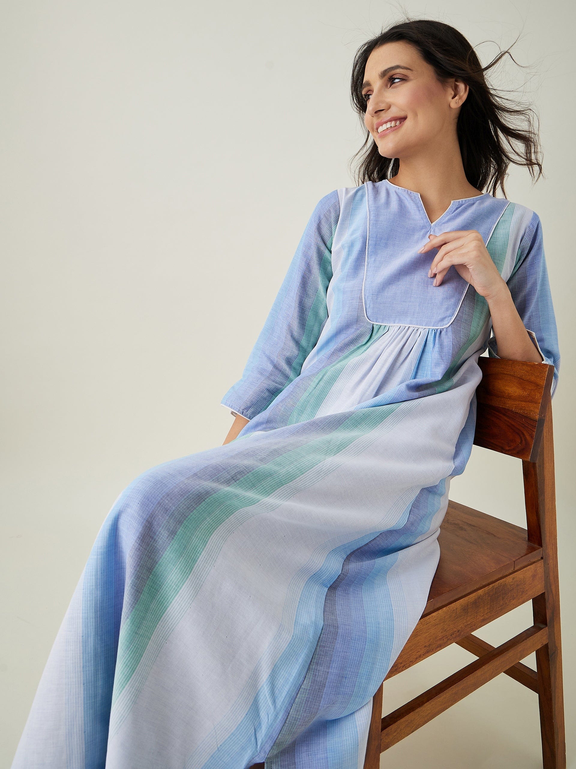 The Kaftan Company Nightdress Pastel Blue Striped Handloom Cotton Nightdress